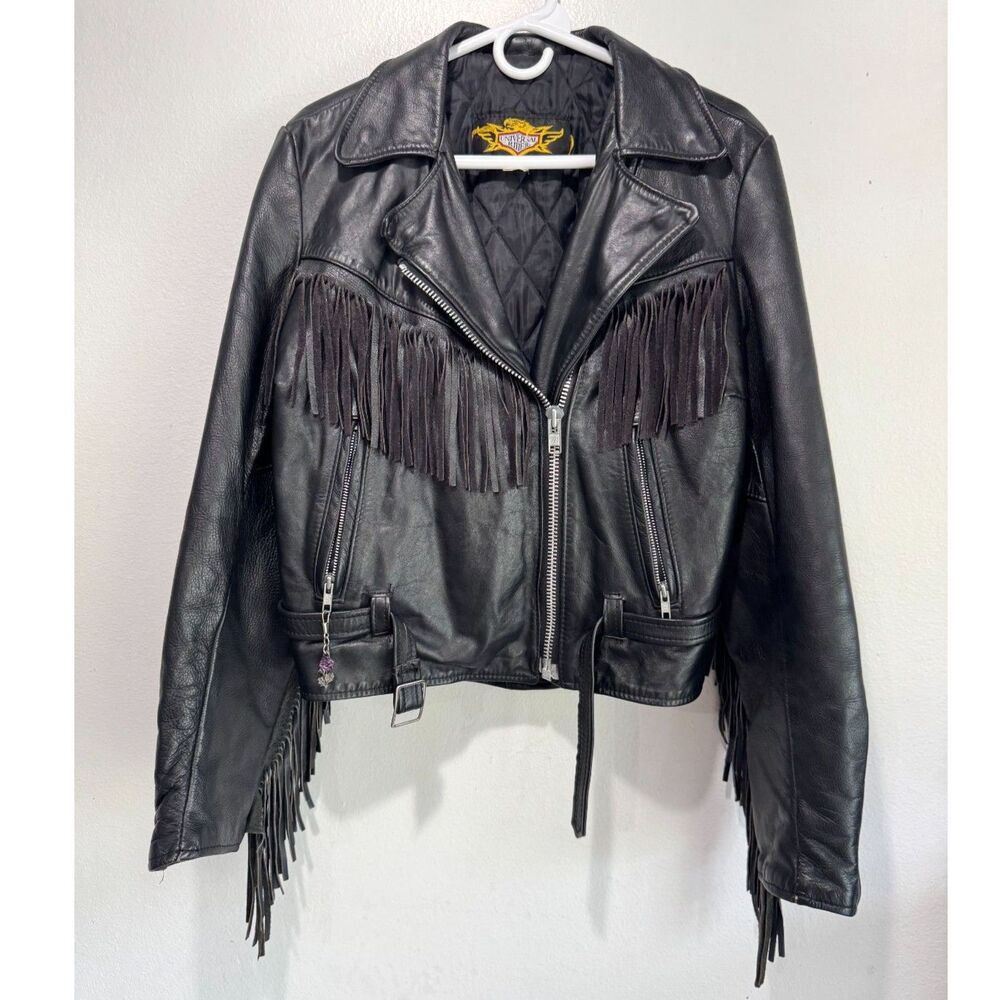 Universal Rider leather western biker jacket VTG USA black fringe winter women14